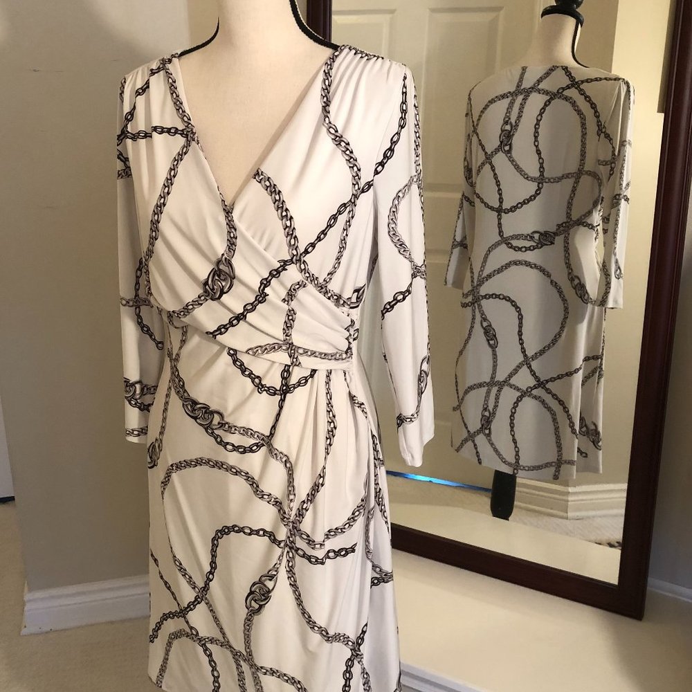 Lauren Ralph Lauren Grey & White V-neck Dress, 3/4 Length Sleeves,  Sz. 14P